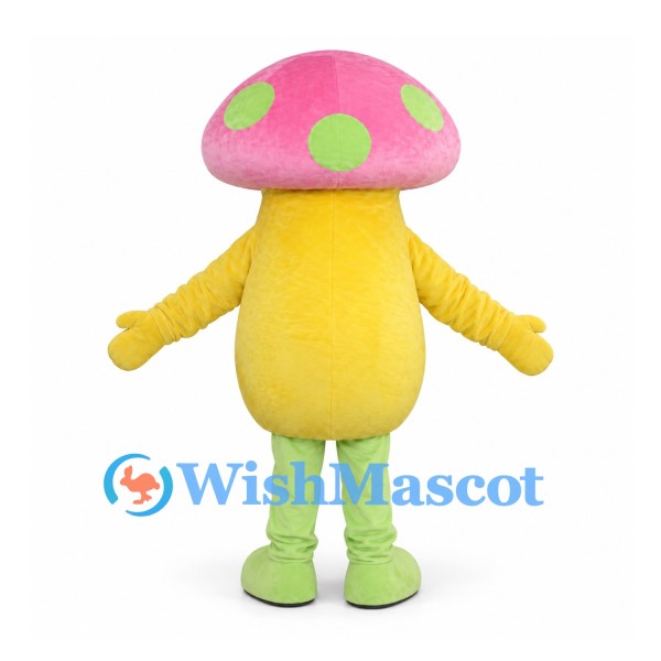 Mushroom Mascot Costume with Pink Spotted Cap and Yellow Body