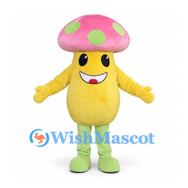 Mushroom Mascot Costume with Pink Spotted Cap and Yellow Body