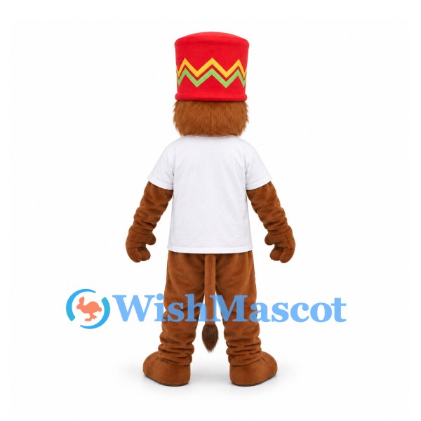 Bear Mascot Costume with Tall Red Hat and White Shirt