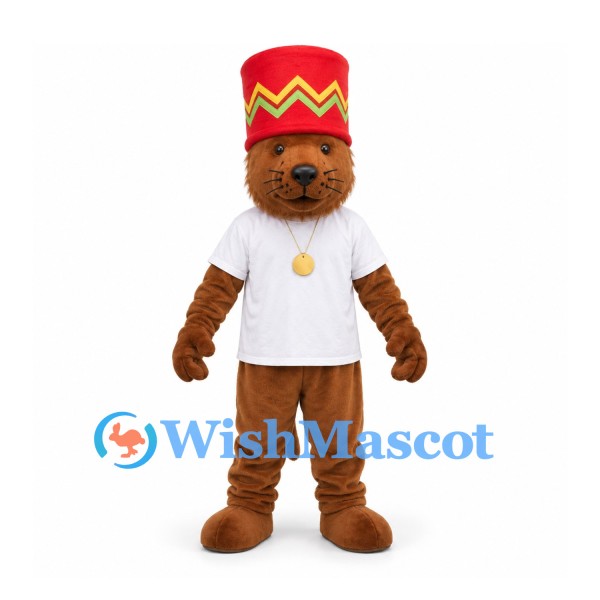 Bear Mascot Costume with Tall Red Hat and White Shirt
