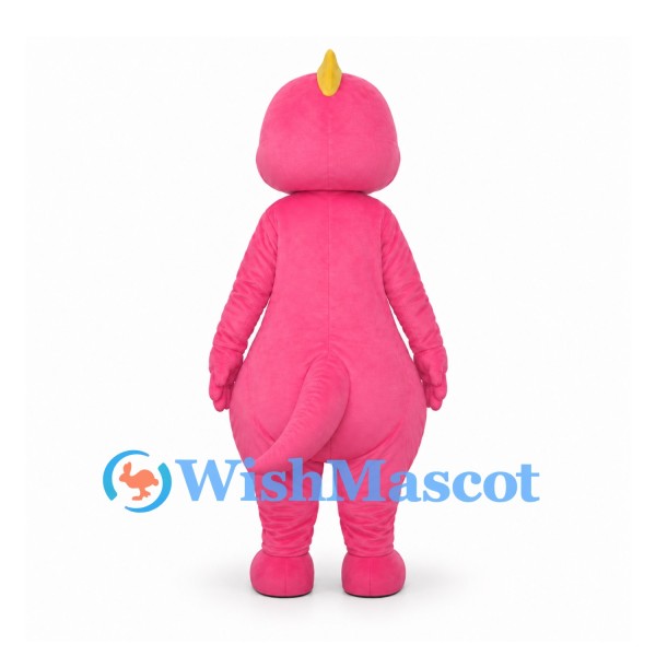 Dinosaur Mascot Costume in Pink with White Belly and Yellow Horn