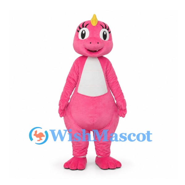 Dinosaur Mascot Costume in Pink with White Belly and Yellow Horn