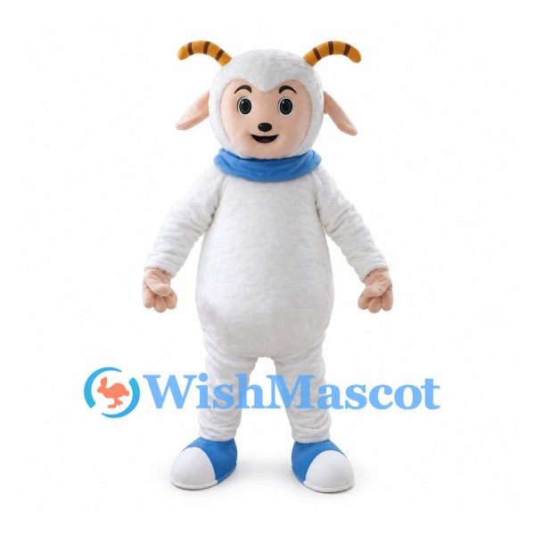 Sheep Mascot Costume in White with Blue Collar and Hooves