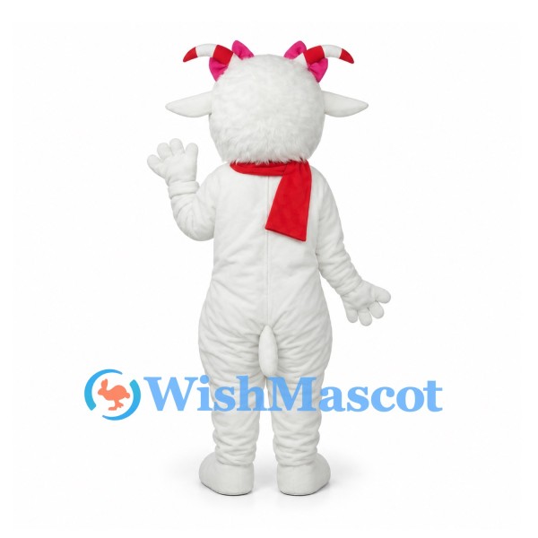 Sheep Mascot Costume in White with Red Scarf and Pink Bows