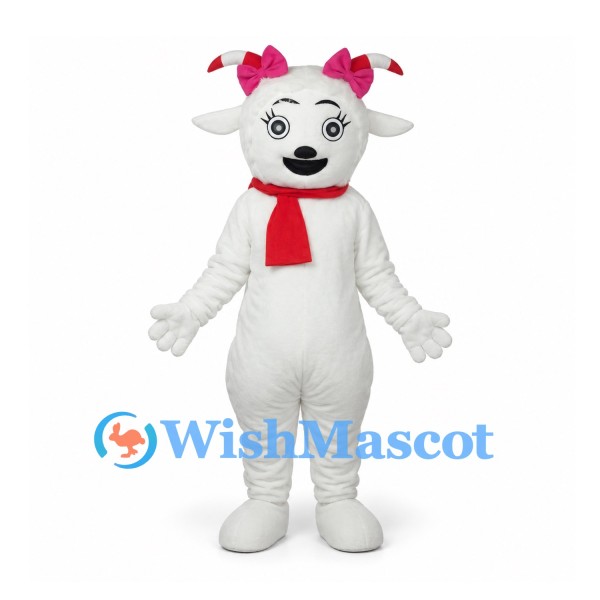 Sheep Mascot Costume in White with Red Scarf and Pink Bows