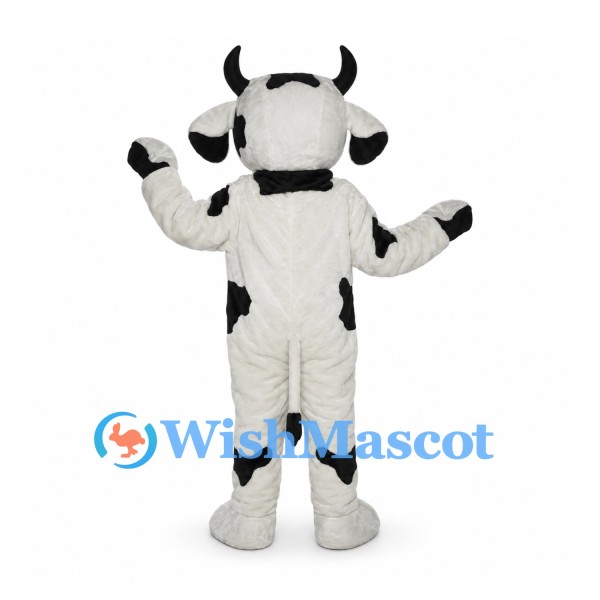 Cow Mascot Costume in White with Black Spots and Curled Horns