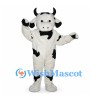 Cow Mascot Costume in White with Black Spots and Curled Horns