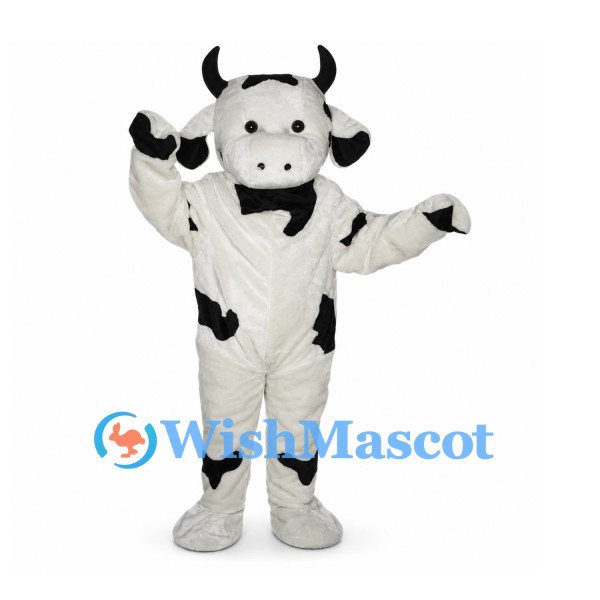 Cow Mascot Costume in White with Black Spots and Curled Horns
