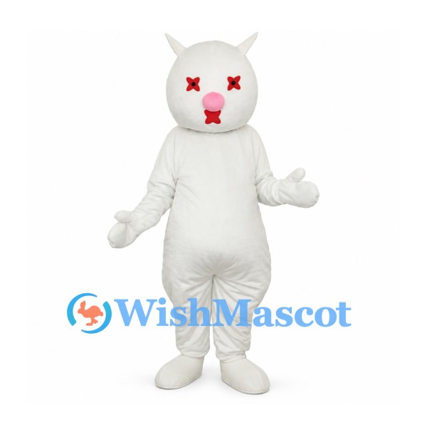 Cat Mascot Costume in White with Red Eyes and Pink Nose