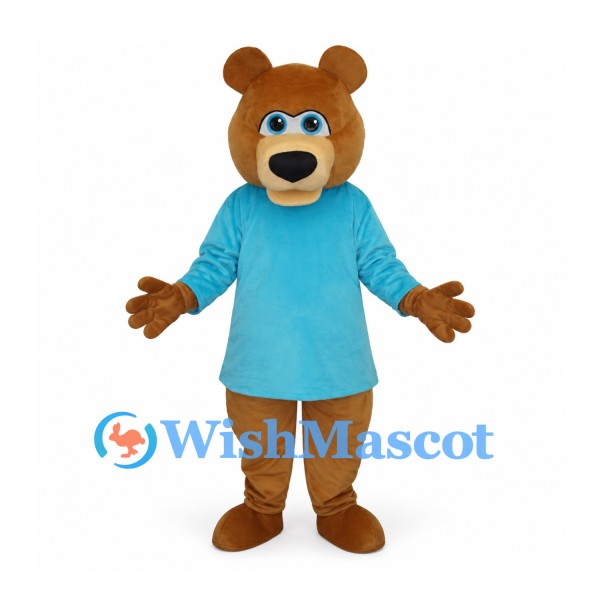 Bear Mascot Costume with Blue Shirt and Brown Body