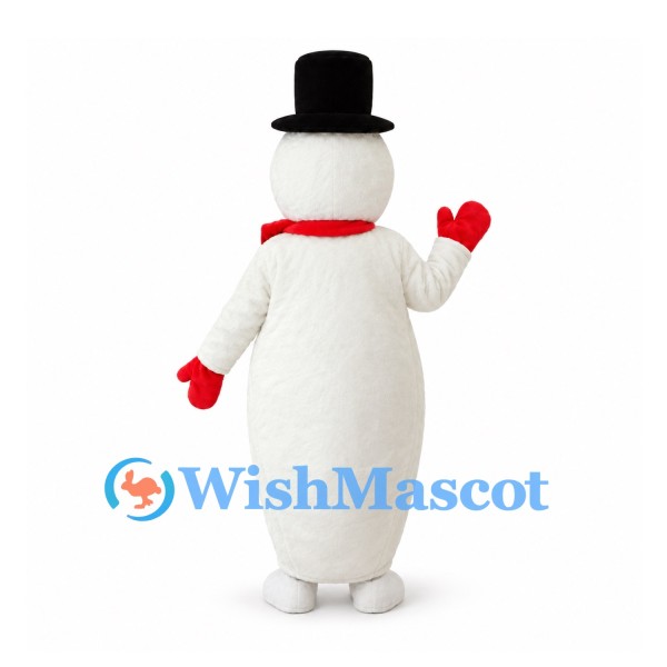 Snowman Mascot Costume with Black Top Hat and Red Mittens