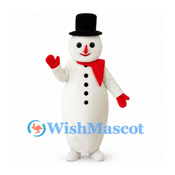 Snowman Mascot Costume with Black Top Hat and Red Mittens