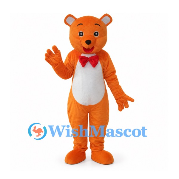 Bear Mascot Costume in Orange with White Belly and Red Bow