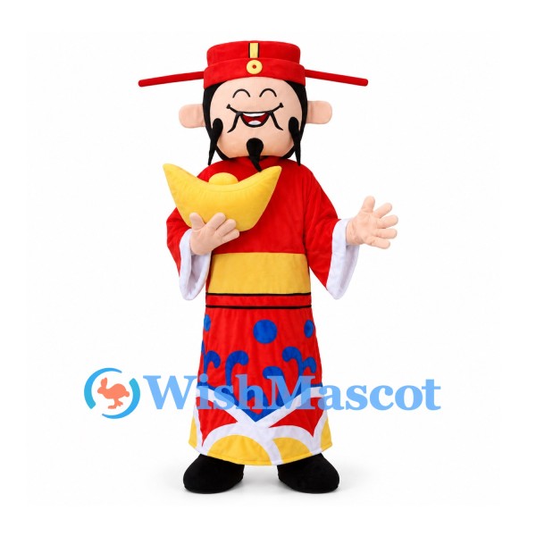 God of Wealth Mascot Costume with Red Robe and Gold Ingot