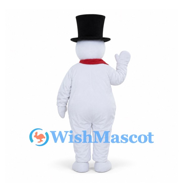 Snowman Mascot Costume with Red Scarf and Tall Black Hat