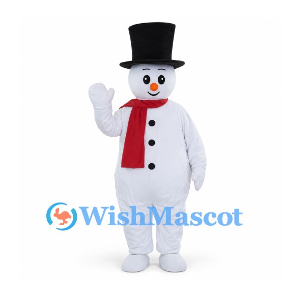 Snowman Mascot Costume with Red Scarf and Tall Black Hat