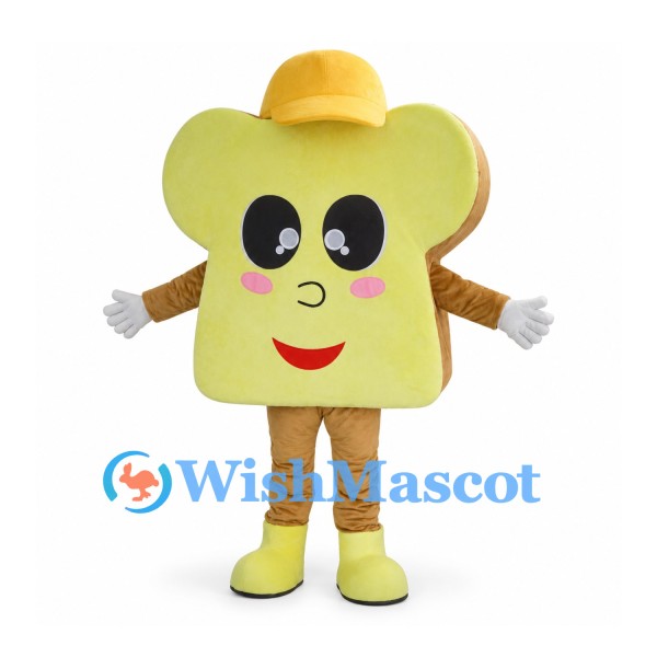 Toast Mascot Costume with Yellow Hat and Smiling Face