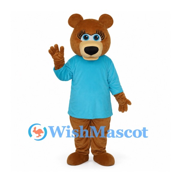 Bear Mascot Costume with Blue Shirt and Brown Body