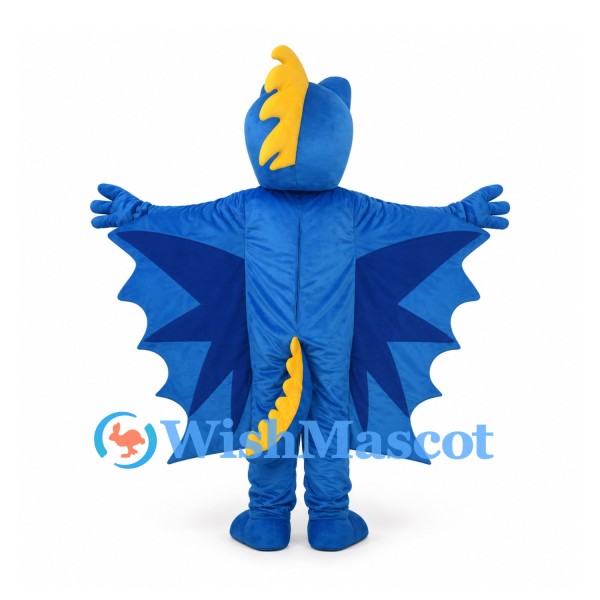 Dragon Mascot Costume in Blue with Yellow Belly and Broad Wings
