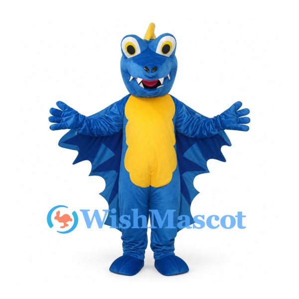 Dragon Mascot Costume in Blue with Yellow Belly and Broad Wings