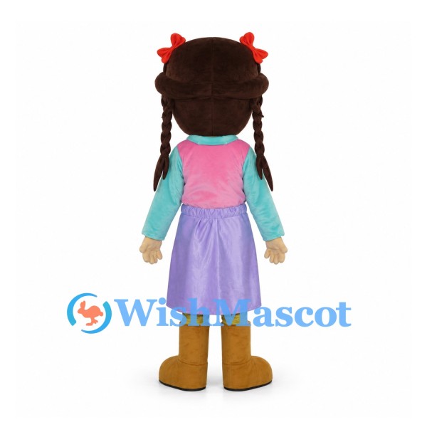 Girl Mascot Costume with Brown Braids and Purple Skirt
