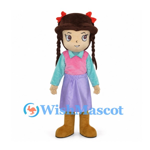 Girl Mascot Costume with Brown Braids and Purple Skirt