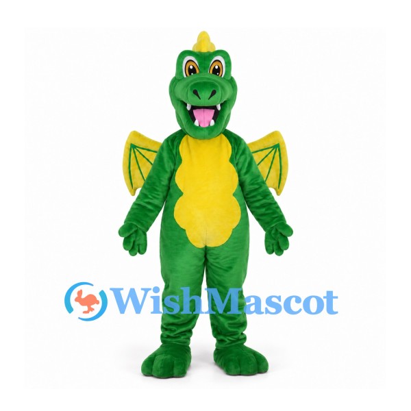 Dragon Mascot Costume in Green with Yellow Belly and Wings