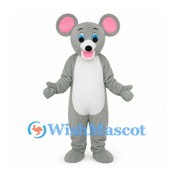 Mouse Mascot Costume in Gray with White Belly and Pink Ears
