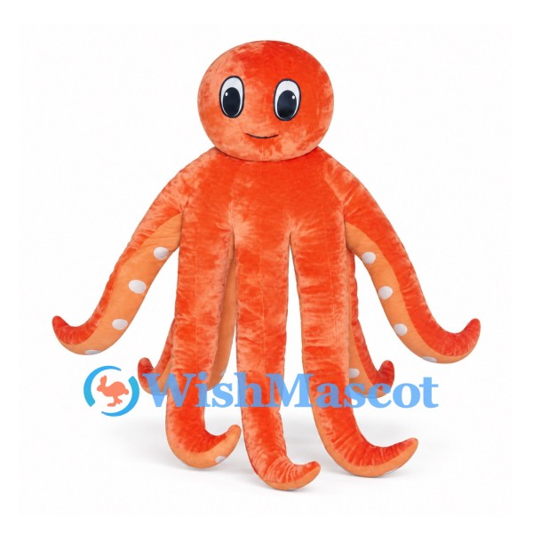 Octopus Mascot Costume in Orange with Long Spotted Tentacles