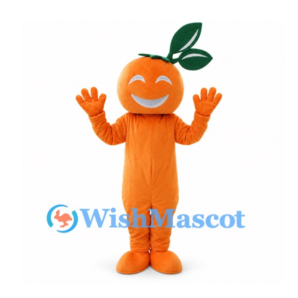 Orange Fruit Mascot Costume with Green Leaves and Smiling Face