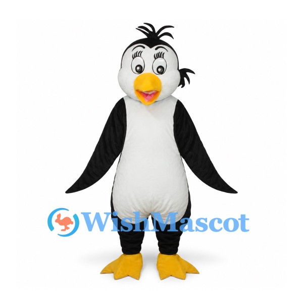 Penguin Mascot Costume with Black Head Tuft and Yellow Bill
