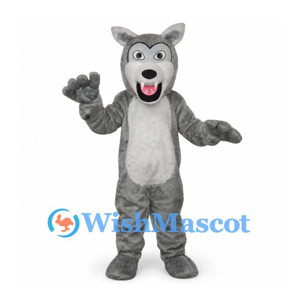 Wolf Mascot Costume in Gray with Open Mouth