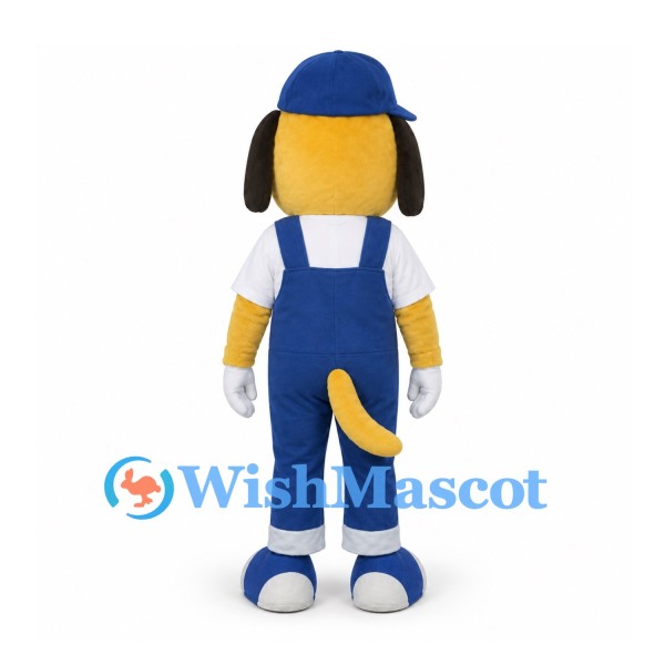 Dog Mascot Costume with Blue Overalls and Cap
