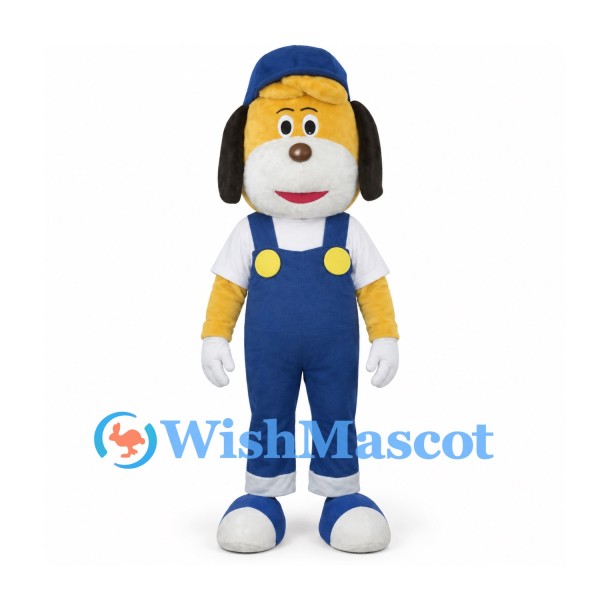 Dog Mascot Costume with Blue Overalls and Cap
