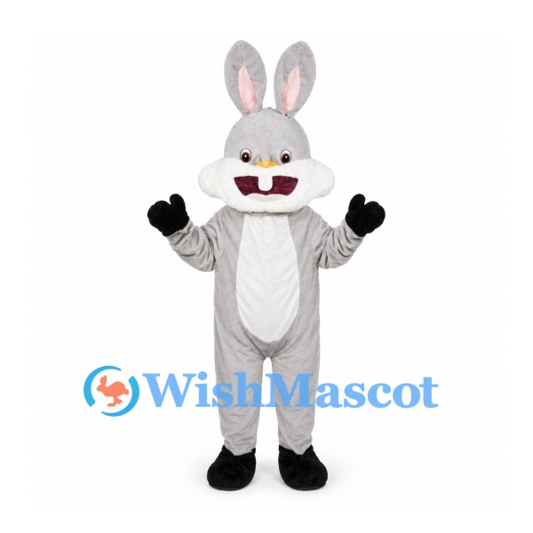 Rabbit Mascot Costume in Gray with White Belly and Buck Teeth