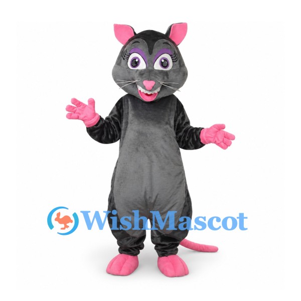 Mouse Mascot Costume in Dark Gray with Pink Hands and Tail