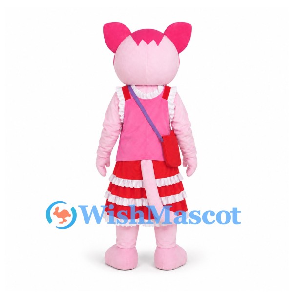 Cat Mascot Costume in Pink with Red Skirt and Shoulder Bag