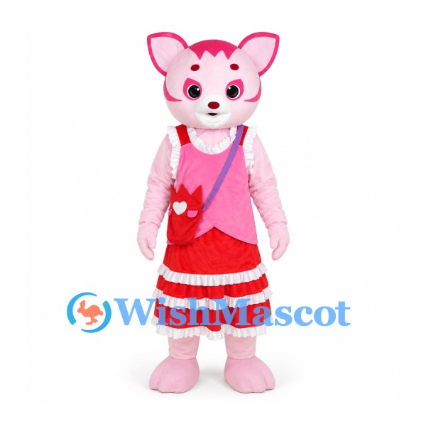 Cat Mascot Costume in Pink with Red Skirt and Shoulder Bag