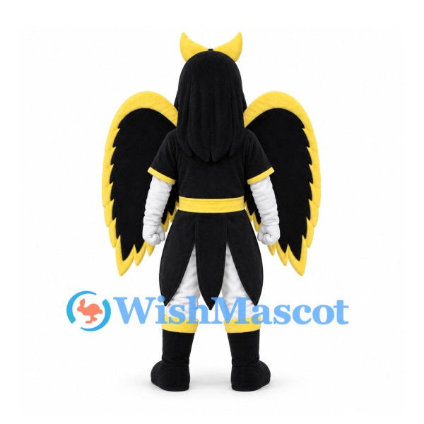 Winged Warrior Mascot Costume in Black and Yellow with Silver Boots