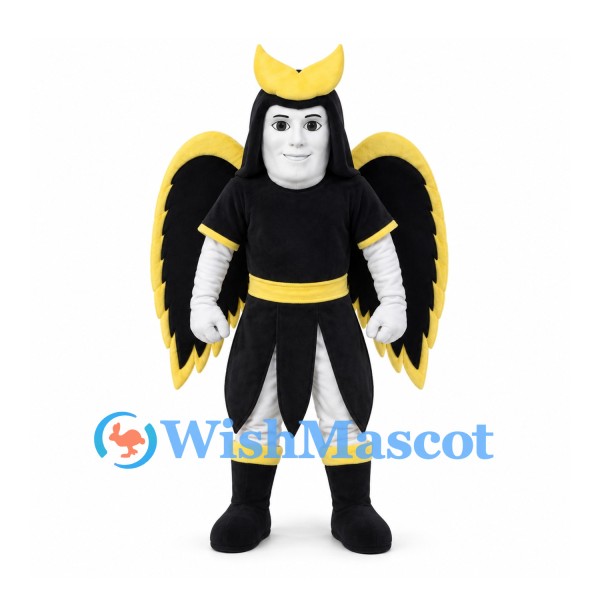 Winged Warrior Mascot Costume in Black and Yellow with Silver Boots