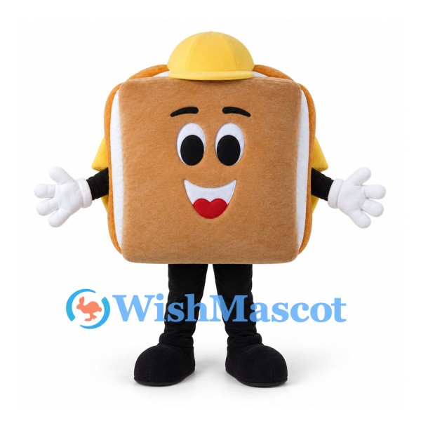 Toast Mascot Costume with Yellow Hat and Smiling Face