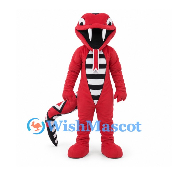 Snake Mascot Costume in Red with Fangs and Striped Belly