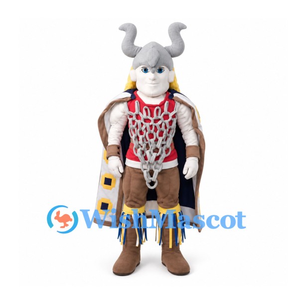 Viking King Mascot Costume with Horned Helmet and Long Cape