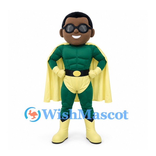 Superhero Mascot Costume in Green with Yellow Cape and Eye Mask
