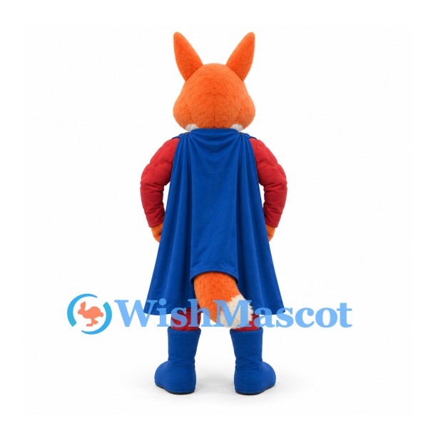 Fox Superhero Mascot Costume with Red Suit and Blue Cape