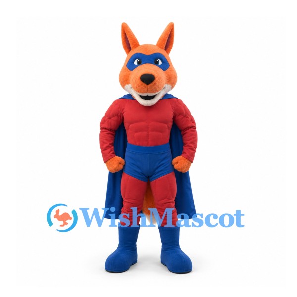 Fox Superhero Mascot Costume with Red Suit and Blue Cape