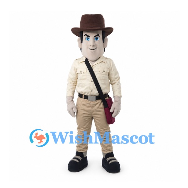 Explorer Mascot Costume with Brown Fedora and Tan Outfit