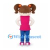 Girl Mascot Costume with Brown Pigtails and Pink Flower Shirt