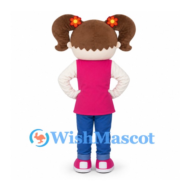 Girl Mascot Costume with Brown Pigtails and Pink Flower Shirt