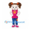 Girl Mascot Costume with Brown Pigtails and Pink Flower Shirt